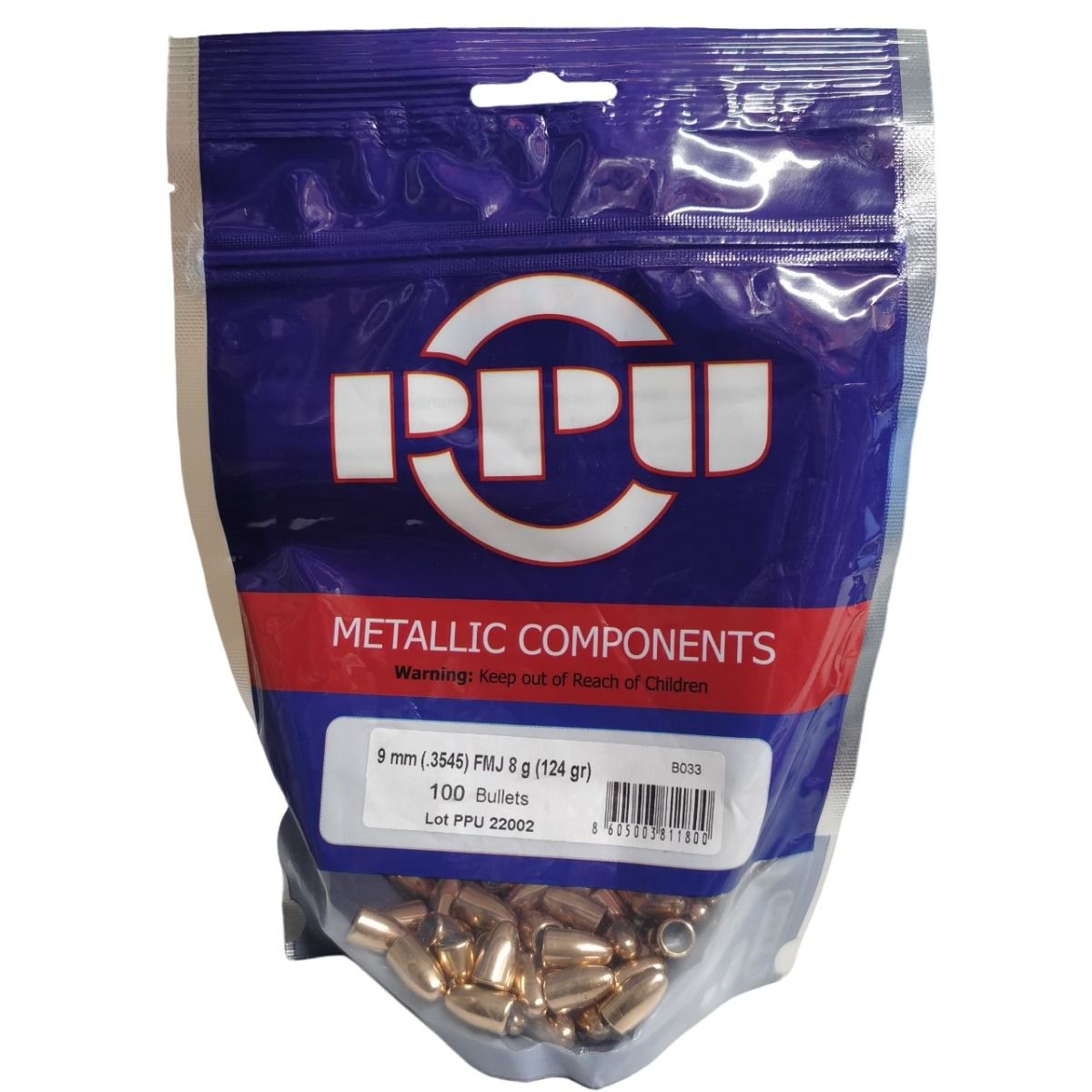 PPU PALLE PER RICARICA CAL 9 mm (.3545) FMJ - 8 GRAMMI - 124 GRANI - 100 PZ