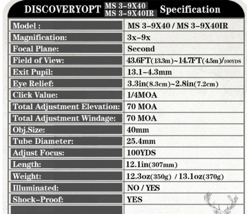 DISCOVERYOPTICS CANNOCCHIALE MS 3-9X40 TUBO 1'' anelli 11 mm