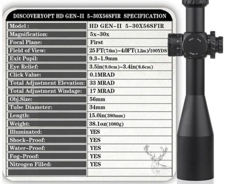 DISCOVERYOPTIC DO 5-30X56 HD GEN 2 SF IR ZERO STOP 