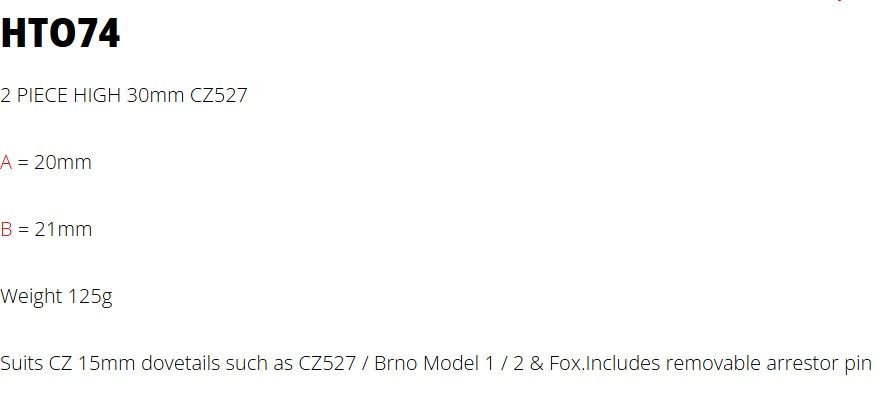 SPORTSMATCH ATTACCO 2 PEZZI ALTO DA 30mm PER CZ 527