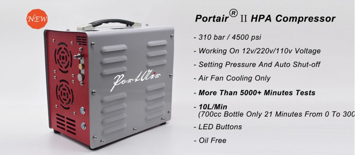 Compressore HPA portatile PortAir II per PCP e fucili ad aria compressa  4500 PSI- 310 BAR- ULTIMA GENERAZIONE