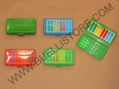 SCATOLA PORTACOLPI 50 CELLE PER CALIBRO 9mm VERDE TRASPARENTE/VERDE/ROSSA/BLU