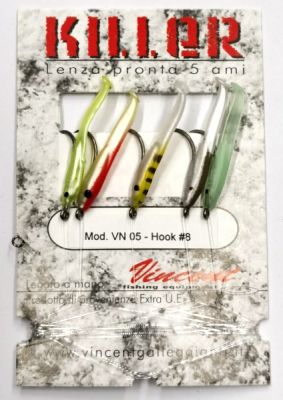 MONTATURA 5 AMI CON PESCIOLINI IN GOMMA PER PESCE PERSICO REALE