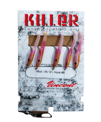 MONTATURA 5 AMI CON PESCIOLINI IN GOMMA PER PESCE PERSICO REALE - RED AND WHITE KILLER