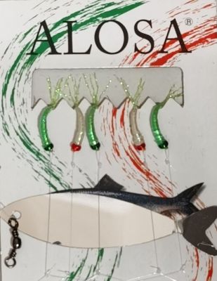 ALOSA - AMETTIERA 5 AMI PER LA PESCA DELLA SARDINA - COLORE VERDE ACQUA E BIANCO TRASLUCIDO CON CODE FLASH VERDI E TESTINA ROSSA