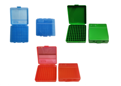 SCATOLA PORTACOLPI 100 CELLE PER CALIBRO 9 mm / 380 acp / 32 s&w / 30 luger ROSSA/VERDE/VERDE-NERA/BLU